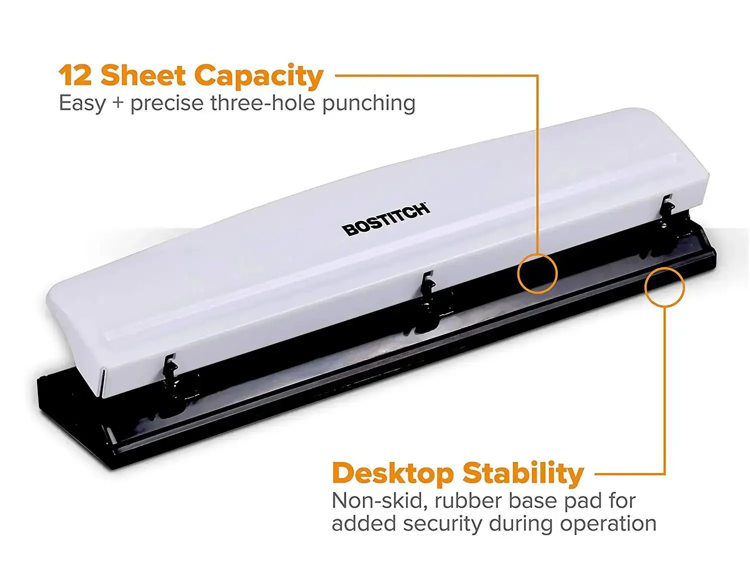 Workhorse 3 Hole Punch For Office Use, 12 Sheet Capacity, Solid Metal Construction, Rubber Base For Desk Protection, Easy Clean Chip Tray, White Finish, Heavy Duty Desk Essential - Image 9
