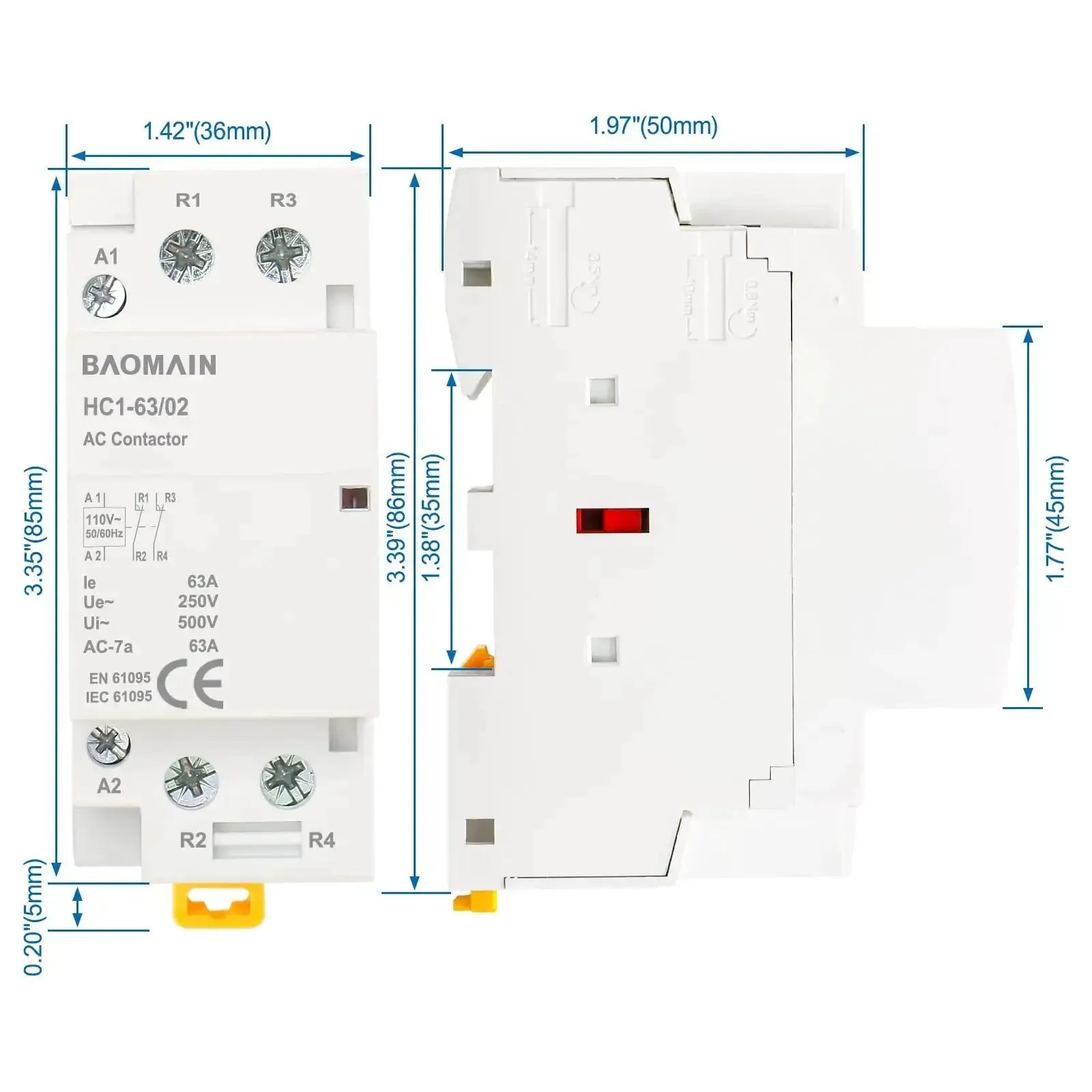 Workhorse 63 Amp Two Pole DIN Rail Mount Contactor With 110V AC Coil, 2NC Normally Closed For Home And Industrial Lighting, HVAC And Motor Control, Heavy Duty Industrial Switchgear Model BCT-63-02 HC1-63-02 - Image 4