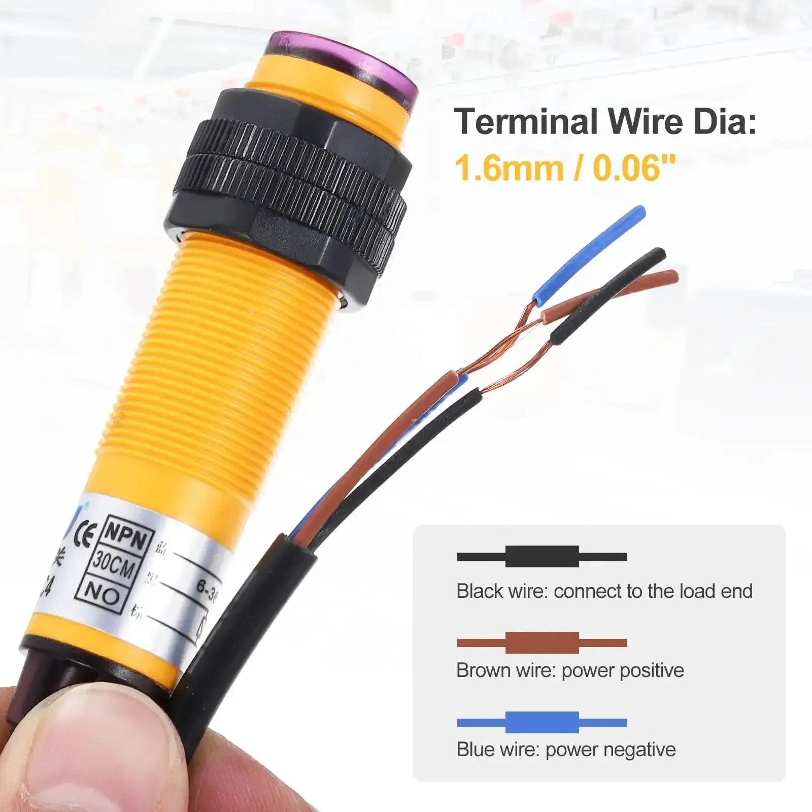 Workhorse Diffuse Photoelectric Sensor M18 30cm Range 6 To 36VDC Adjustable Optical PNP NO Three Line Proximity Switch For Industrial Automation And Conveyor Equipment - Image 5