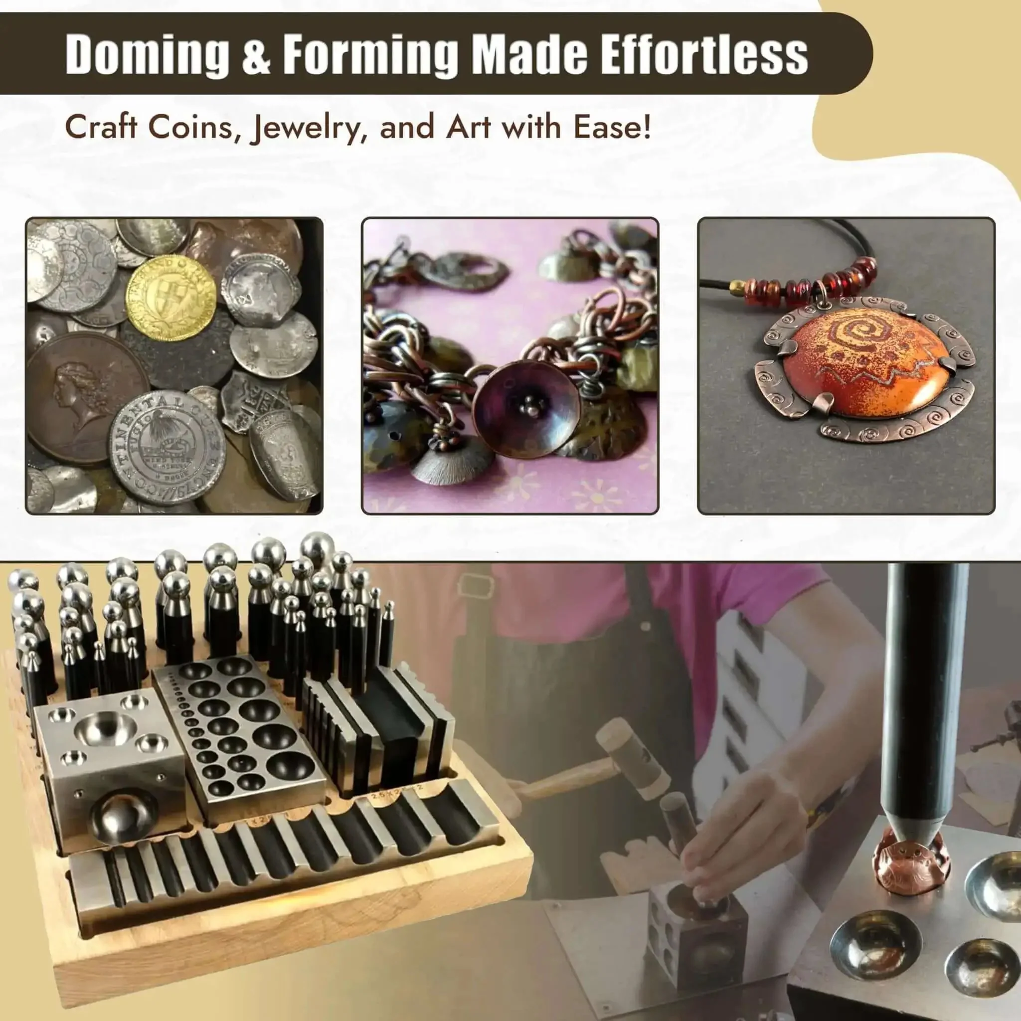 Workhorse Doming Block And Punch Set For Jewelry Making 41 Piece Dapping Kit With Steel Block And Wood Base Metal Forming Tools For Coin Rings Ring Making Jewelry Craft - Image 2
