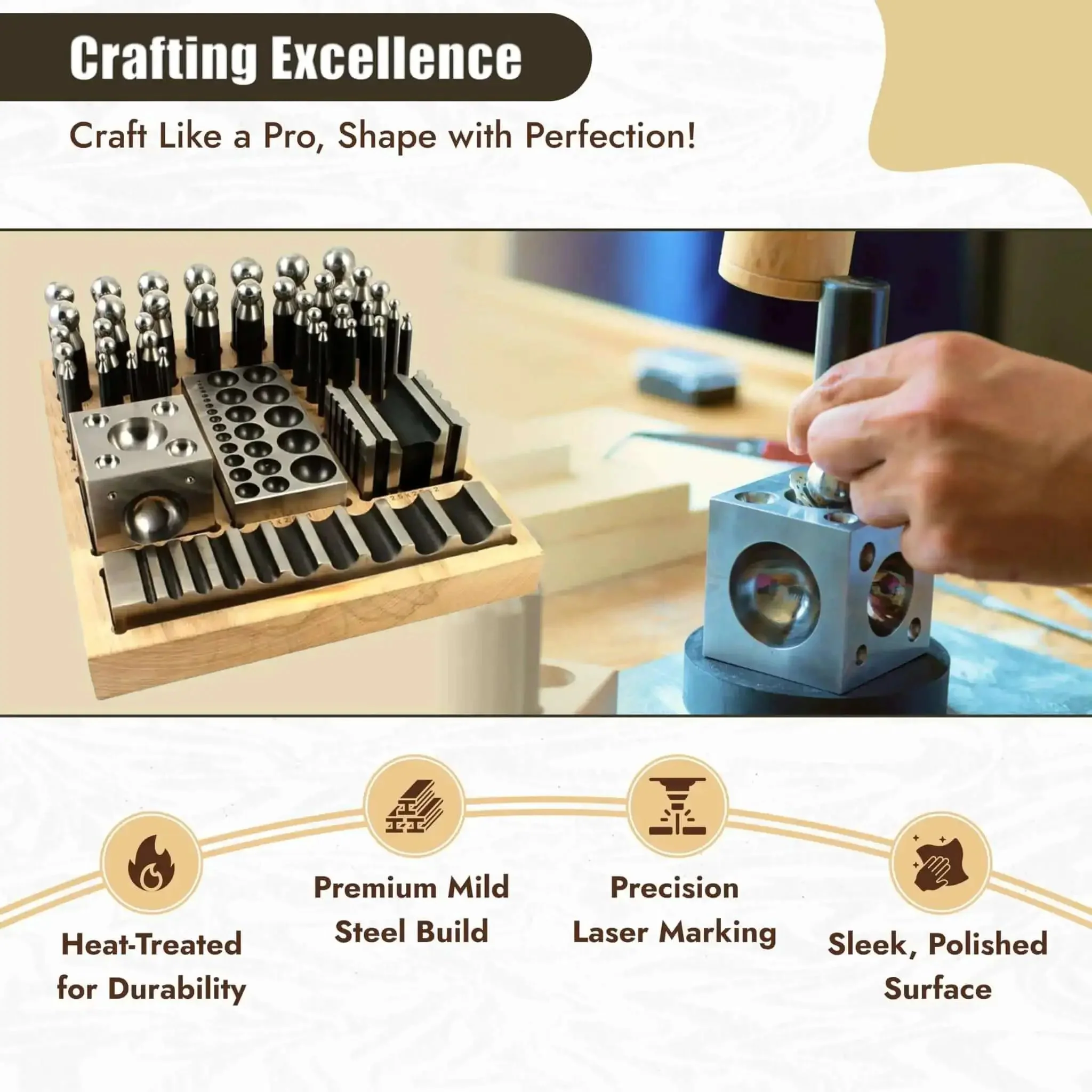Workhorse Doming Block And Punch Set For Jewelry Making 41 Piece Dapping Kit With Steel Block And Wood Base Metal Forming Tools For Coin Rings Ring Making Jewelry Craft - Image 4