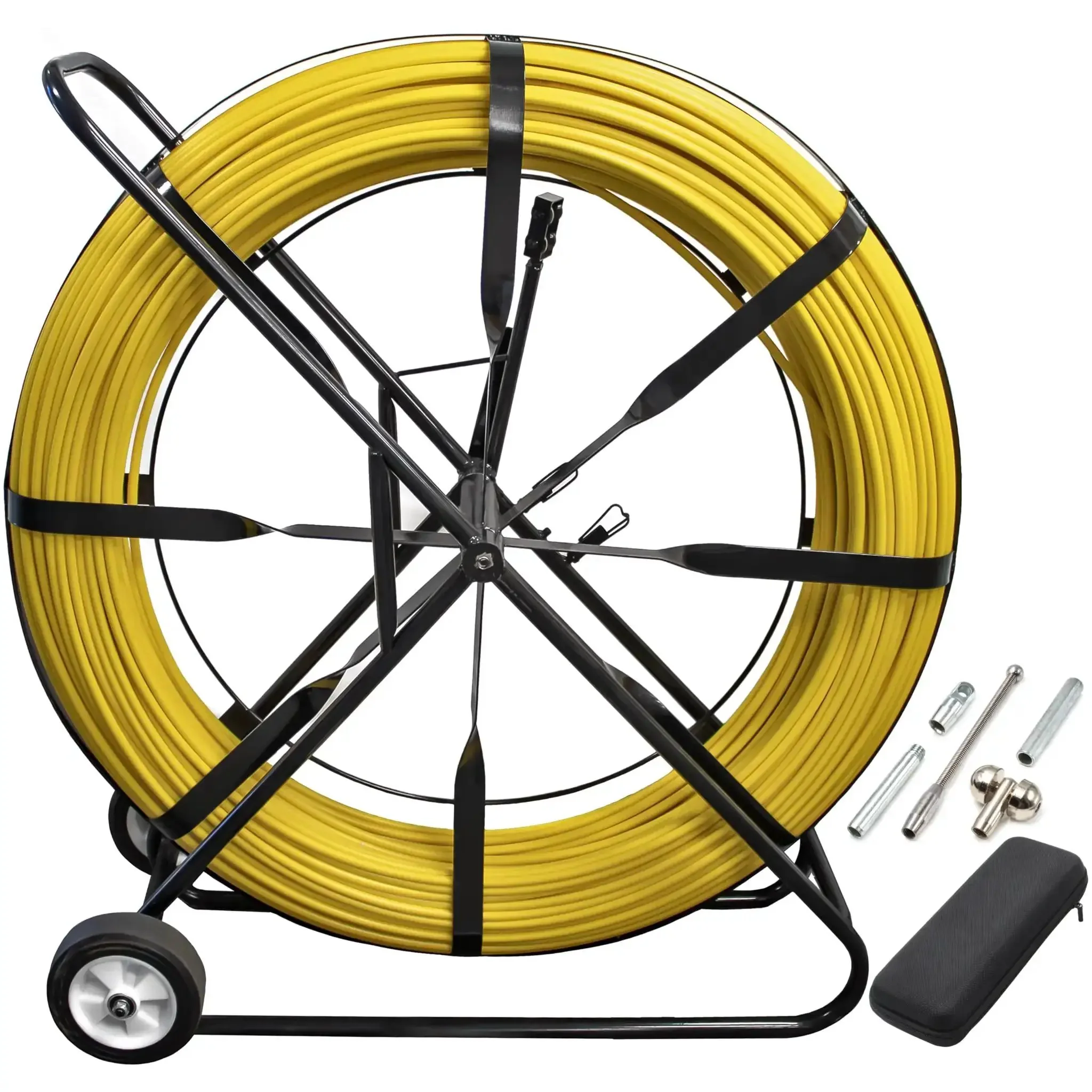 Workhorse Half Inch 1000 Foot Fiberglass Duct Rodder Kit With Aluminum Cage Stand And Wheels And Extra Tips For Easy Cable Pulling Includes Eye Tip Flexible Guide Rolling Guide Threaded Tip Repair Coupler And Glue