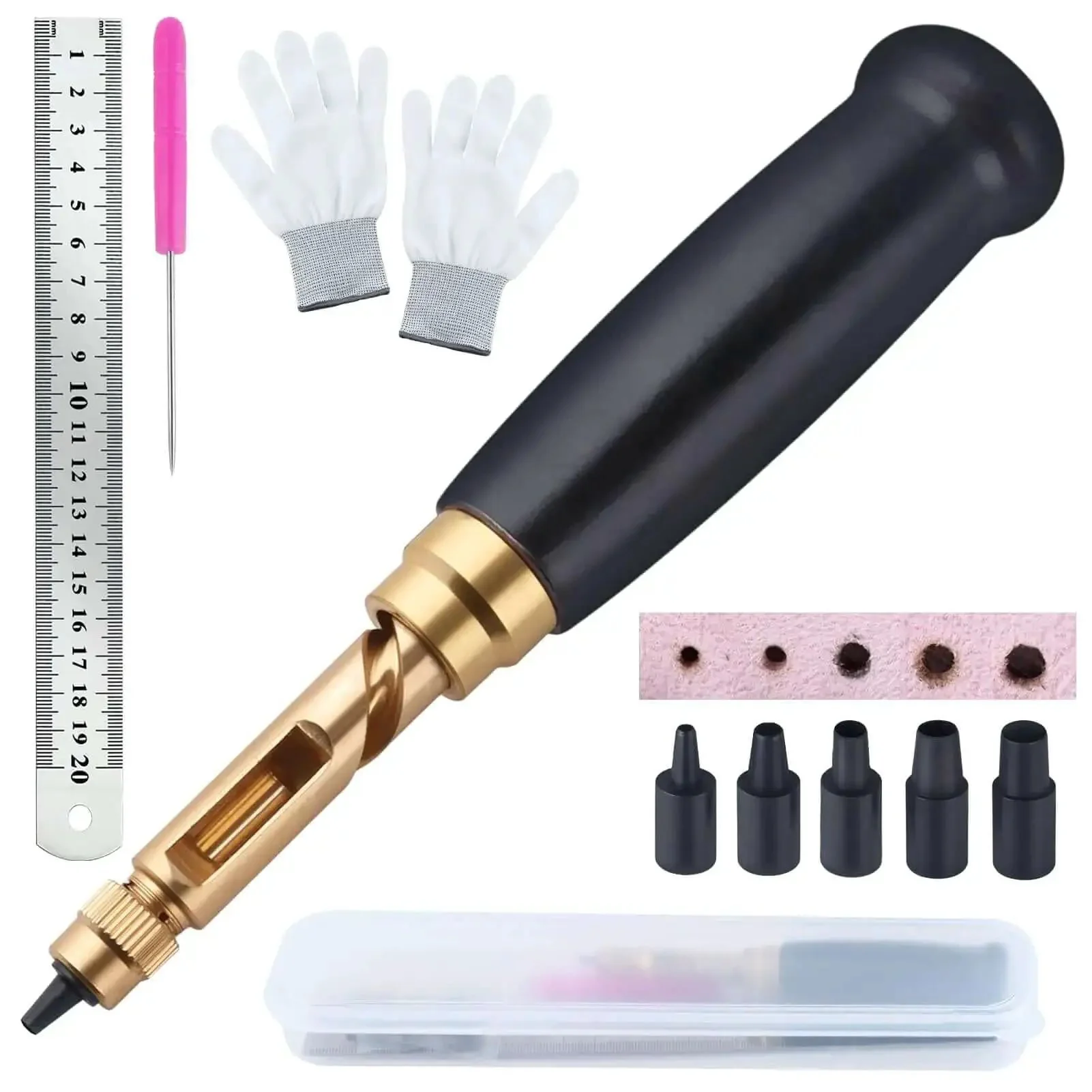 Workhorse Leather Hole Punch Tool With Wood Handle, Adjustable Belt Hole Puncher, Six Tip Sizes From 1.5 To 4 Mm, Includes Steel Ruler, Needle, Storage Box, And Durable 45 Steel Construction