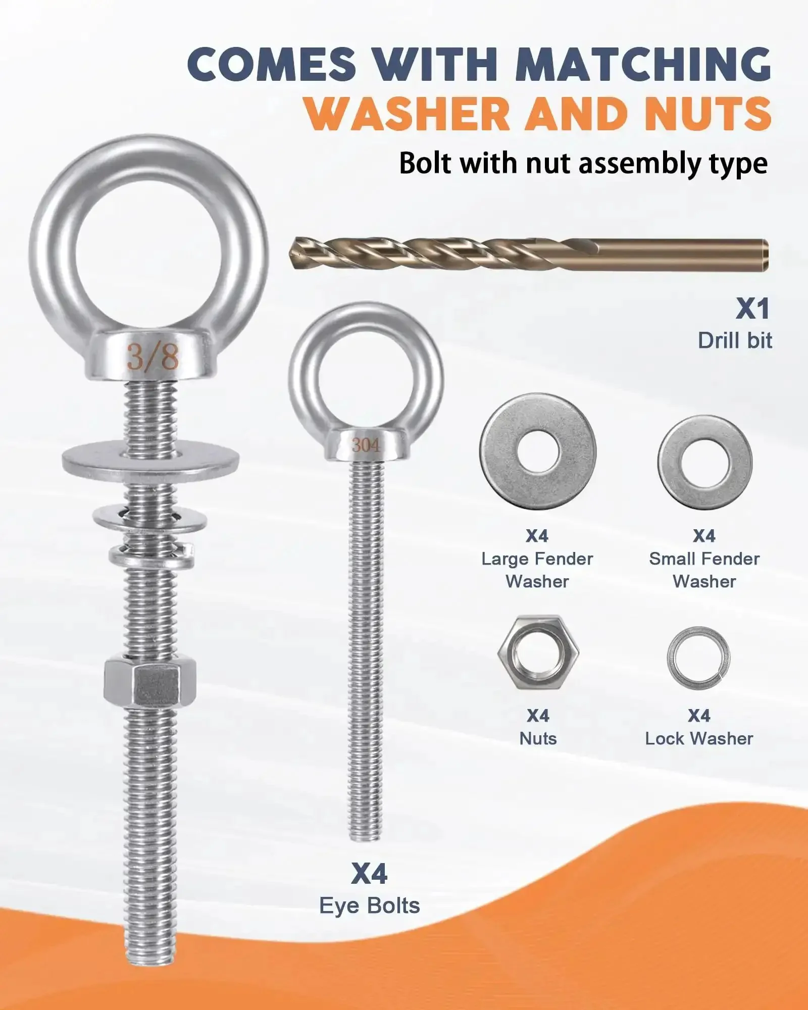 Workhorse Stainless Steel Eye Bolts 3/8-16 Threaded 4 Inch Shank, 5.6 Inch Total Length, 1 Inch Ring Eye, 200 Lbs WLL, Imperial, 4 Pack Includes Bonus Drill Bit - Image 2