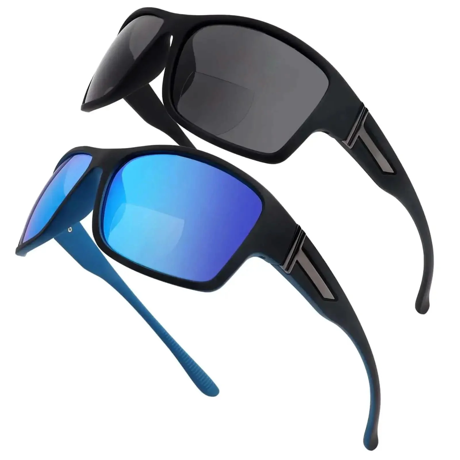 Wrap Around Bifocal Sunglasses With Built In Readers 1.25 For Driving And Sports Use With Blue Or Black Frames Clear Vision For Phone Or Dashboard On The Go UV Protection And All Day Comfort