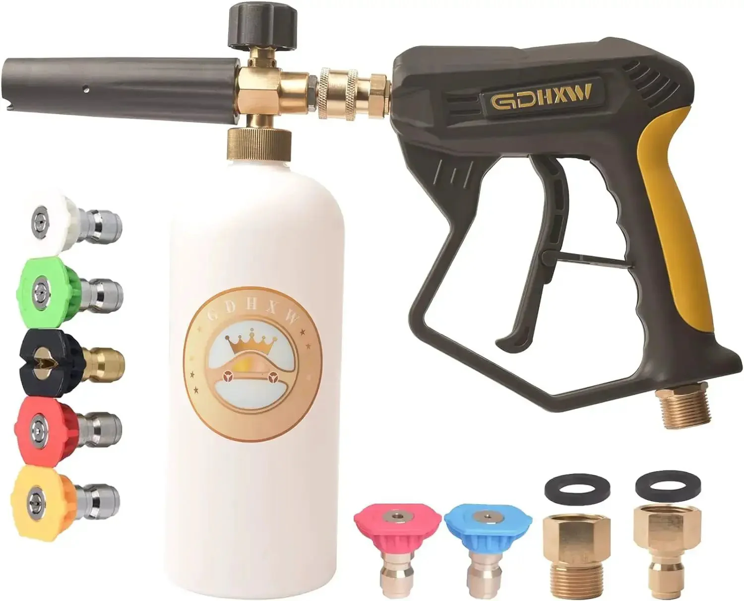 X-887 High Pressure Washer Gun With Foam Cannon Kit, 2 Adapters And 7 Nozzles For Car Washing, Up To 5000 PSI, Brass Foam Lance Core, One Quarter Inch Quick Connect, Easy Grip Handle, Heavy Duty Wash