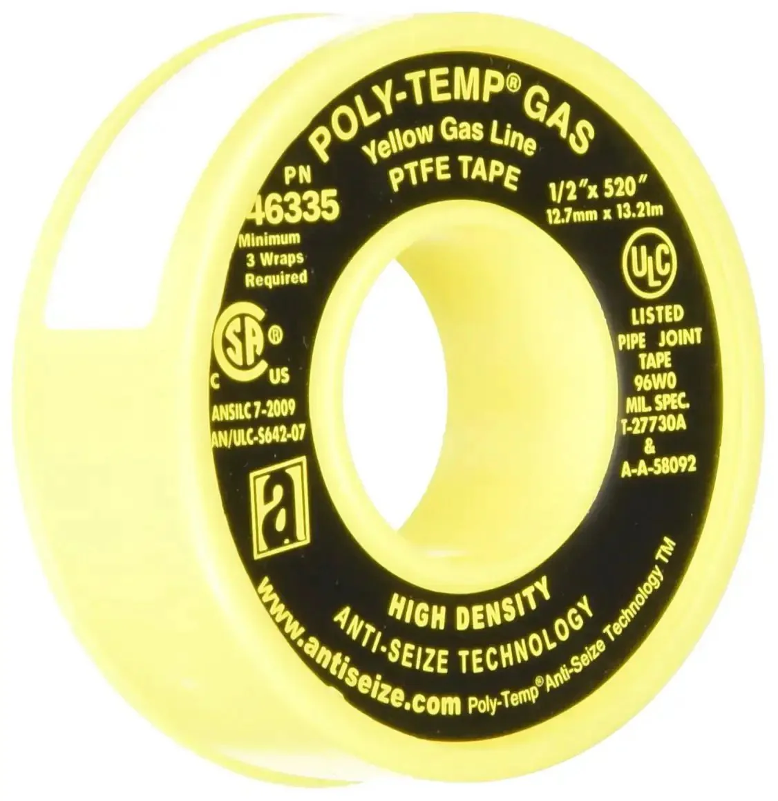 Yellow PTFE Poly Temp Extra Heavy Duty Gas Line Tape 520 Inch Length Half Inch Width Pack Of Five Thread Sealant For All Services Chemically Inert And Non Toxic Meets USDA FDA Requirements For Easy Assembly Workhorse Performance