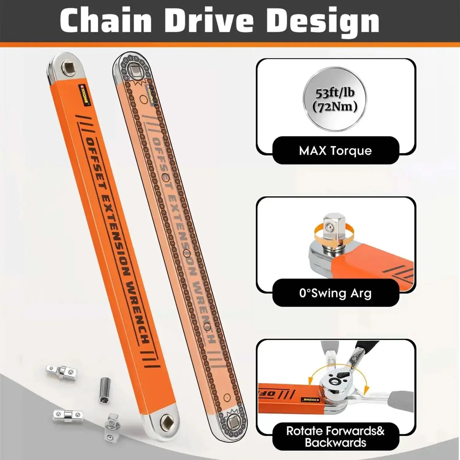 Zero Degree Offset Extension Wrench For Tight Spaces Three Eighths Inch Drive Socket Extender With Square Adapters And One Quarter Inch Socket Plus Three Eighths And One Half Inch Square Adapters In Flat High Hardness Steel - Image 3