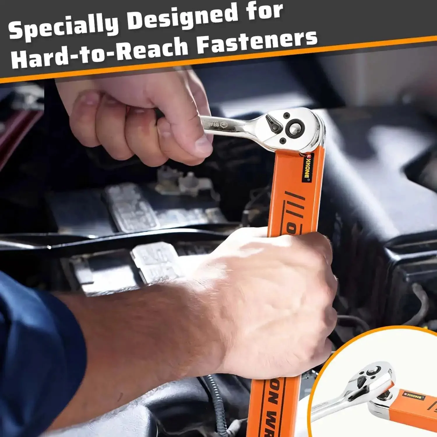 Zero Degree Offset Extension Wrench For Tight Spaces Three Eighths Inch Drive Socket Extender With Square Adapters And One Quarter Inch Socket Plus Three Eighths And One Half Inch Square Adapters In Flat High Hardness Steel - Image 4
