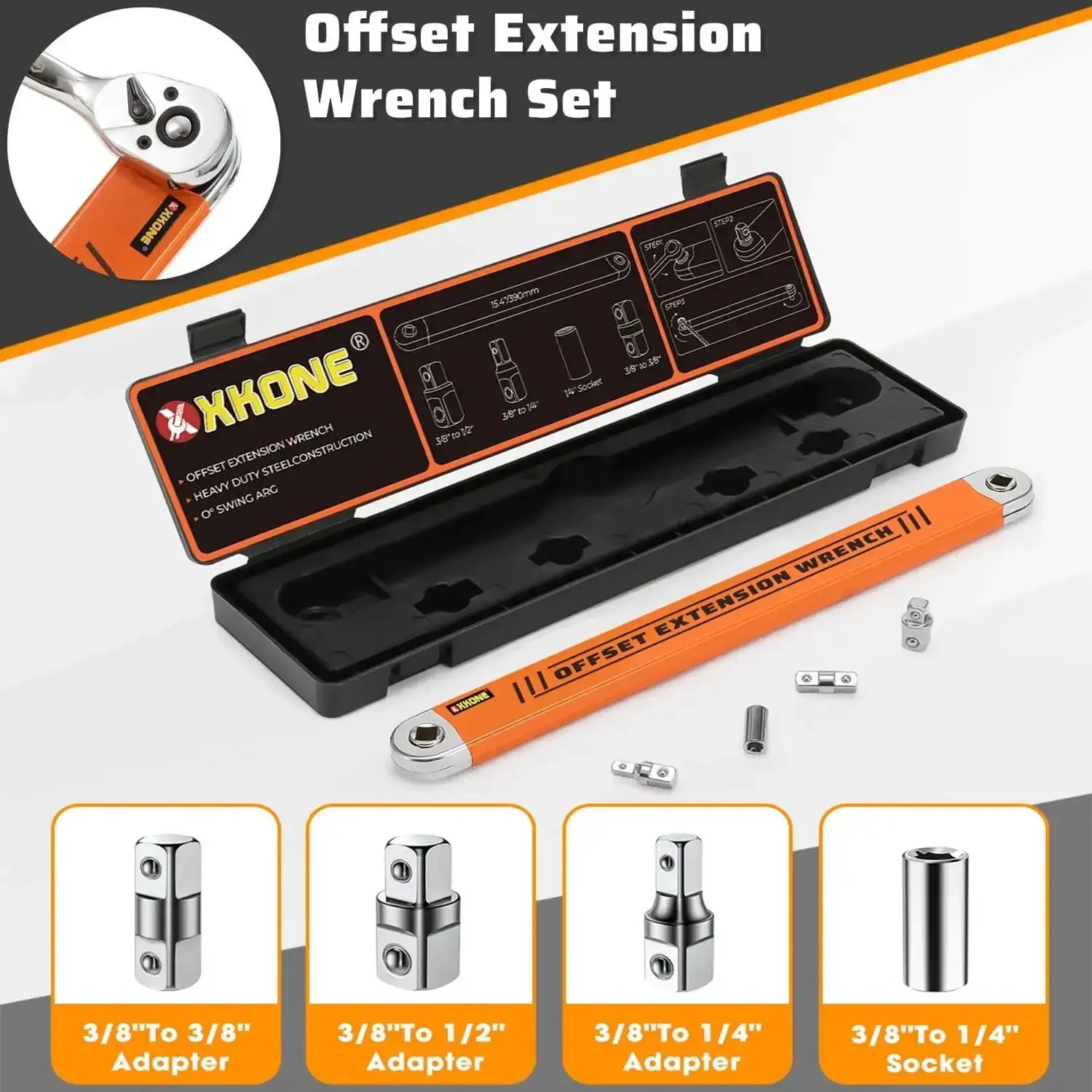 Zero Degree Offset Extension Wrench For Tight Spaces Three Eighths Inch Drive Socket Extender With Square Adapters And One Quarter Inch Socket Plus Three Eighths And One Half Inch Square Adapters In Flat High Hardness Steel - Image 5