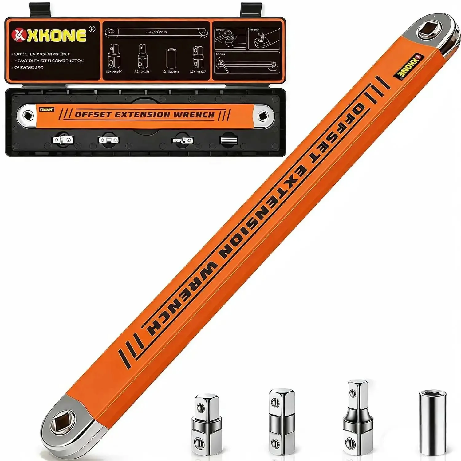 Zero Degree Offset Extension Wrench For Tight Spaces Three Eighths Inch Drive Socket Extender With Square Adapters And One Quarter Inch Socket Plus Three Eighths And One Half Inch Square Adapters In Flat High Hardness Steel - Image 6