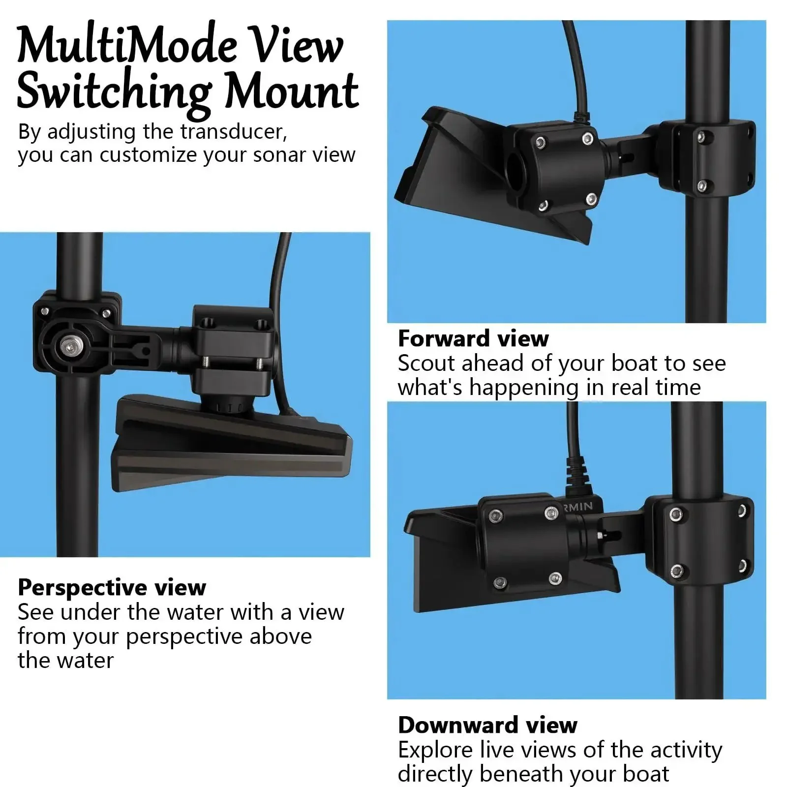 Zero Degree Perspective Mount For Trolling Motor Shafts And Poles Compatible With LVS34 Transducers MultiMode Transducer Mount Fits One Point One To One Point Three Eight Inch Diameters Easy Port And Starboard Mounting Converts Forward View To Perspective - Image 6