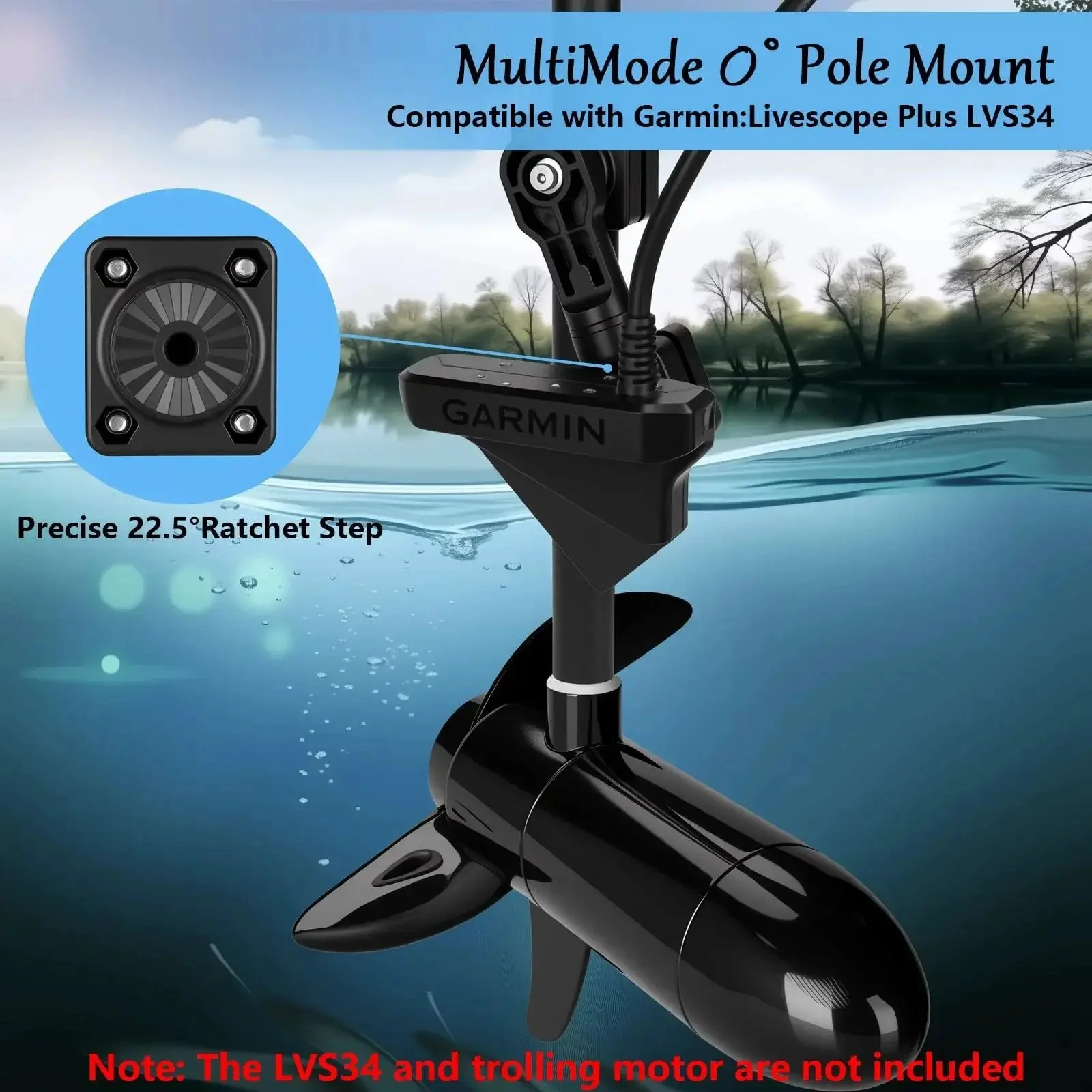 Zero Degree Transducer Mount For Trolling Motor Shaft Or Poles 1.1 To 1.38 Inch LVS32 Compatible MultiMode Transducer Mount With No Fuss Ratcheting Tilt For Port Or Starboard Sides And Easy Perspective Sonar Tuning - Image 2