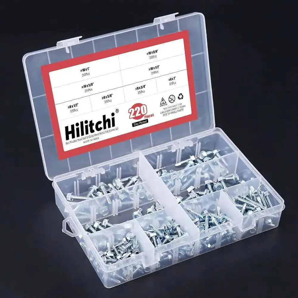 Zinc Plated Hex Washer Head Self Drilling Sheet Metal Screws Assortment Kit With Eight Popular Sizes Including Number Eight And Number Ten With Hex Heads In One Quarter Inch And Five Sixteenths Inch Built For DIY Projects And Auto Metalwork - Image 4