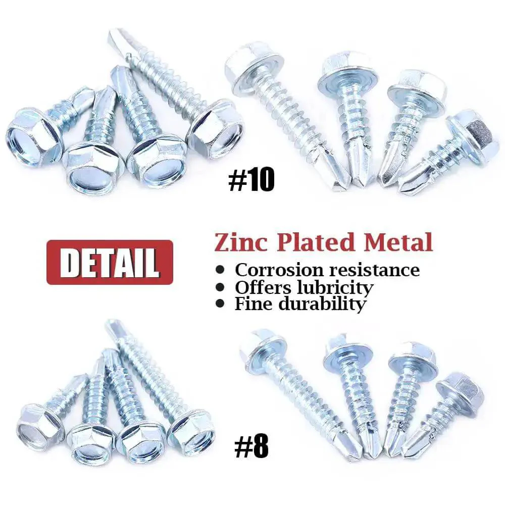 Zinc Plated Hex Washer Head Self Drilling Sheet Metal Screws Assortment Kit With Eight Popular Sizes Including Number Eight And Number Ten With Hex Heads In One Quarter Inch And Five Sixteenths Inch Built For DIY Projects And Auto Metalwork - Image 6