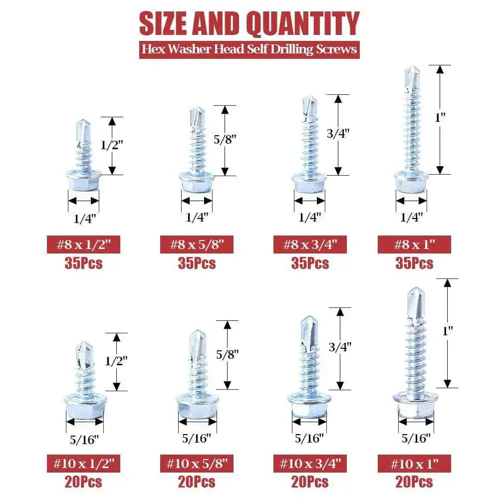 Zinc Plated Hex Washer Head Self Drilling Sheet Metal Screws Assortment Kit With Eight Popular Sizes Including Number Eight And Number Ten With Hex Heads In One Quarter Inch And Five Sixteenths Inch Built For DIY Projects And Auto Metalwork - Image 7